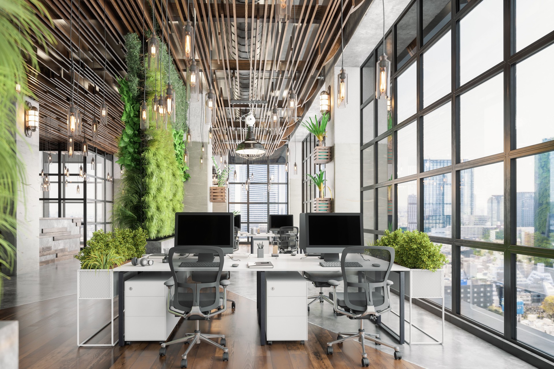 Espacio de oficinas de co-working verde sostenible